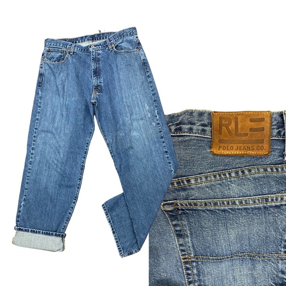 Ralph Lauren Denim - 1990s Polo Ralph Lauren Dark Blue Wide Leg Cotton Jeans / 36x31